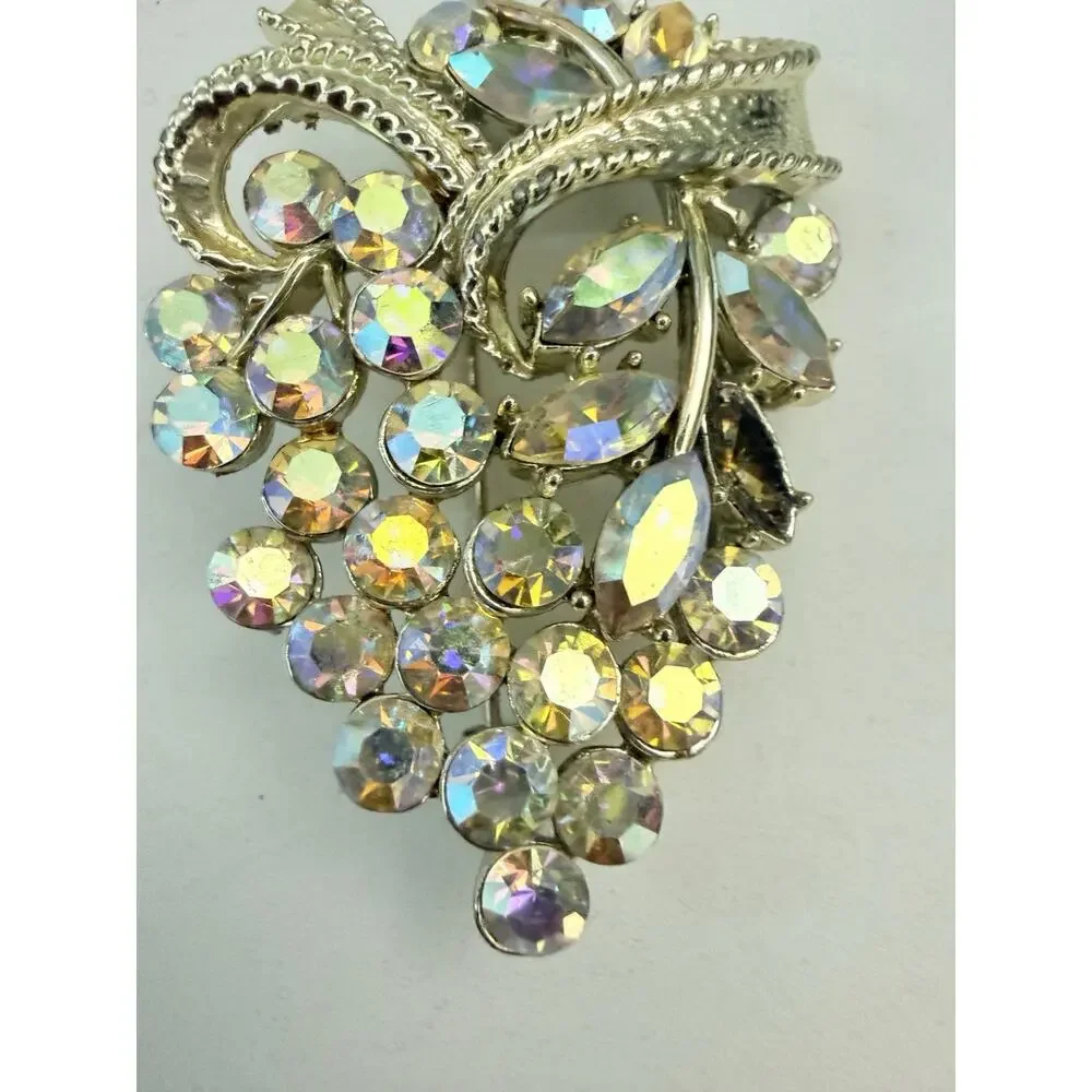 Vintage Aurora Borealis Rhinestone Grapes Brooch Gold Tone Large 2.5